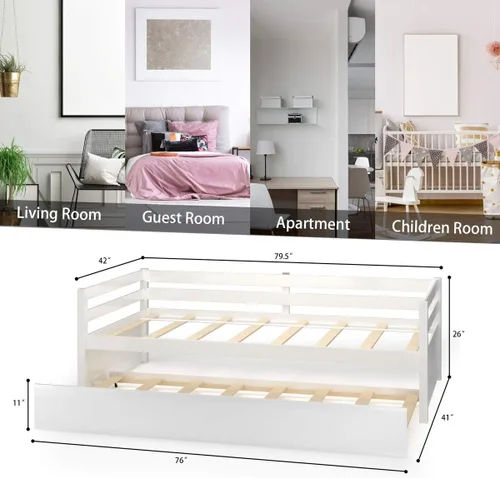 Miniatura 4 de KOMFOTT Cama individual con nido, marco de sofá cama de madera con nido, marco de sofá cama no necesita somier, cama nido tamaño individual