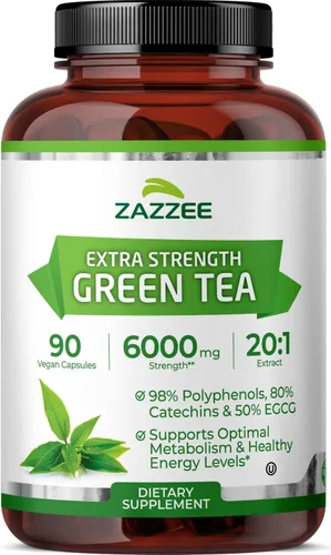 Zazzee Extracto de té verde de extrafuerte 20:1, 6000 mg de fuerza, 50% EGCG, 98% polifenoles y 80% catequinas, 90 cápsulas veganas, suministro de 3