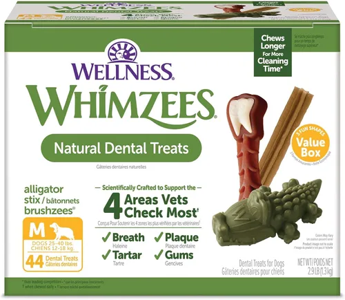 Wellness WHIMZEES Value Pack - Premio dental natural para perros, masticar, refresca el aliento, tamaño mediano, caja de 46.6 onzas, 44 unidades