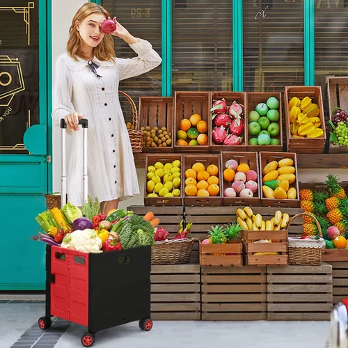 Miniatura 2 de Carrito de Compras Utilitario Plegable Portátil Rodante Caja con Carretilla de Mano con Rueda Giratoria de 360°, Tapa Oculta, Mango Telescópico Rojo