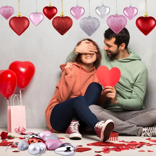 Miniatura 6 de Duufin 54 adornos de corazón para el día de San Valentín, adornos con forma de corazón, adornos colgantes con purpurina para San Valentín, árbol