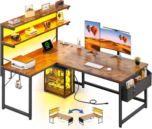 Miniatura 13 de DurayLoly Escritorio en forma de L para juegos con luz LED y toma de corriente, escritorio reversible en forma de L para computadora de 43.3