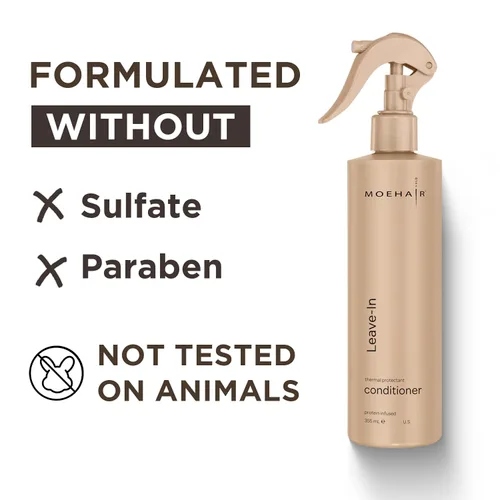 Miniatura 5 de MOEHAIR Spray acondicionador sin enjuague para cabello encrespado Fórmula desenredante e hidratante infundida con proteínas Añade brillo Sin