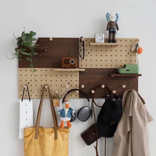 Miniatura 11 de Tablero de Clavijas de Madera Modular para Exhibición Organización Almacenamiento Ganchos de Pared Estante (Color: Roble)