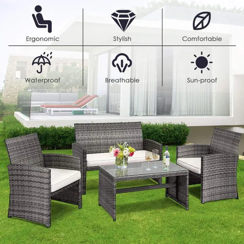 Miniatura 4 de Tangkula Juego de 4 piezas de mimbre para patio, sofás de ratán al aire libre con juego de mesa, juego de muebles de patio con cojines suaves y mesa