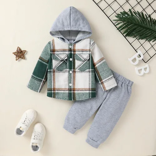 Miniatura 2 de YOUNGER TREE Conjunto de sudadera con capucha para niños pequeños, conjunto de camisa de franela a cuadros para otoño, invierno y primavera
