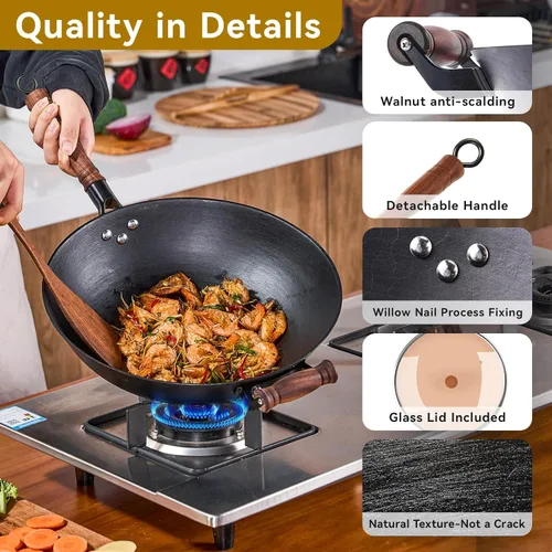 Miniatura 5 de WANYUANJI Wok de hierro fundido, wok de fondo plano de 12.59 pulgadas con tapa de vidrio, adecuado para todos los fogones, olla de artesanía