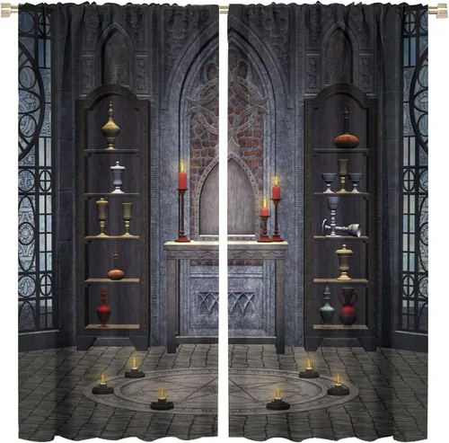 Miniatura 52 de Cortinas góticas con diseño de luna de Halloween, historia, puerta espeluznante, fondo de terror, vela, ficción, patrón de impresión, sala de estar