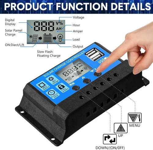 Miniatura 5 de Controlador de batería solar de 12 V/24 V, controlador de carga de panel solar de tierra, regulador de control de panel solar con pantalla LCD