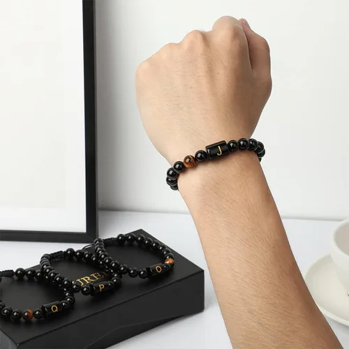 Miniatura 2 de Pulseras de iniciales para hombre, eslabones de letra, hechas a mano, 0.315 in, ónix negro natural, cuentas de piedra de ojo de tigre, cuerda