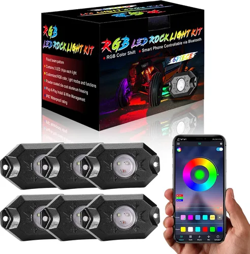 Luces LED RGB tipo roca, juegos de luces de 6 cápsulas de brillo interno y acento neón, multicolores para automóviles con control por aplicación,