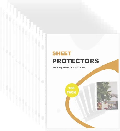 Seashell Paquete de 100 protectores de hojas transparentes de 8.5 x 11 pulgadas, protectores de página para carpeta de 3 anillas, fundas de plástico