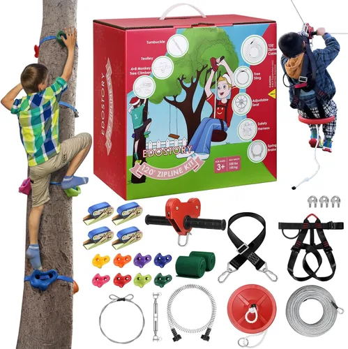 Kit de tirolesa para patio trasero de 120 pies para niños y adultos, al aire libre, tirolesa de hasta 330 libras con freno de resorte y arnés de