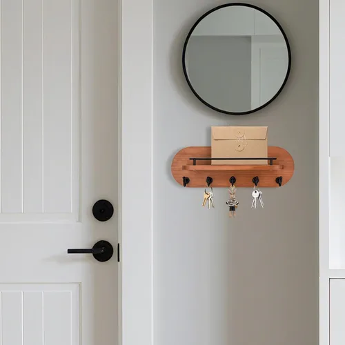 Miniatura 7 de SANY DAYO HOME Soporte para Llaves de Pared de Madera Marrón con Perchero de Entrada con 5 Ganchos Dorados, Barandilla de Estante de Metal
