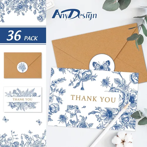 Miniatura 2 de AnyDesign Paquete de 36 tarjetas de agradecimiento florales azules y blancas con sobres de papel de estraza con calcomanías elegantes