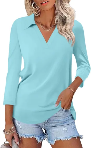 Miniatura 24 de TICTICMISS - Camisas polo de cuello en V para mujer, manga 3/4, con cuello, tops casuales de negocios, tops de verano a la moda, holgados