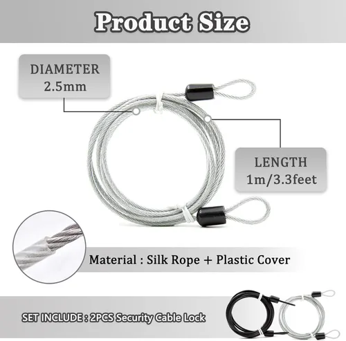 Miniatura 2 de Cuerda de cable con doble bucle, bloqueo de cable de seguridad, cable de seguridad recubierto de vinilo de acero, bloqueo de equipaje de 3.3 pies x