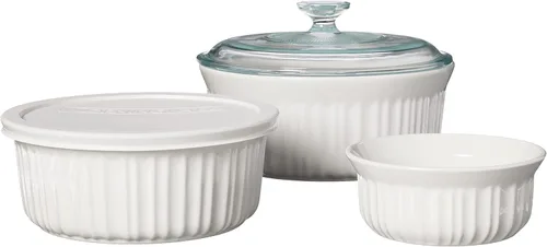 Miniatura 2 de CorningWare French White - Juego de 7 piezas de utensilios de cerámica para hornear con tapas, plato para hornear de gres resistente a astillas