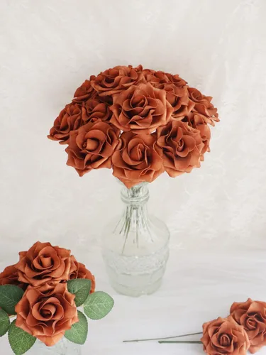 Miniatura 2 de D-Seven Flores artificiales de 2.5 pulgadas, color naranja quemado, 25 rosas falsas con tallo para ramos de boda, arreglos florales, despedidas