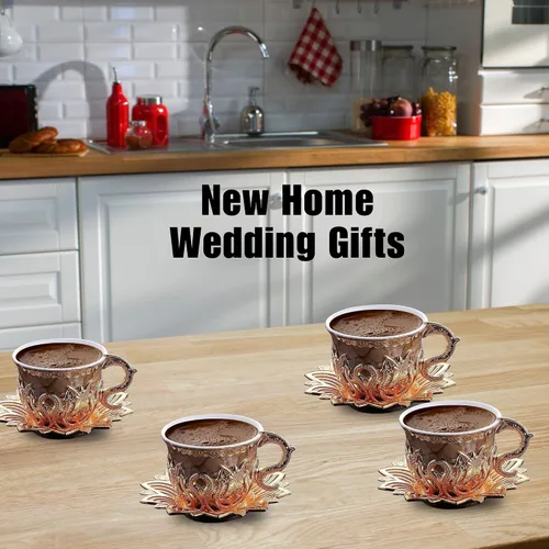 Miniatura 2 de Juego de 6 tazas de café expreso turco otomano con platillos y soportes, diseño de mármol marrón, porcelana árabe, griega, mini taza de café griega