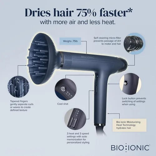 Miniatura 2 de Bio Ionic SMART-X Secador de Cabello con Difusor, Secador de Soplo de Alta Eficiencia con 3 Ajustes de Calor y 3 Ajustes de Velocidad, Seca
