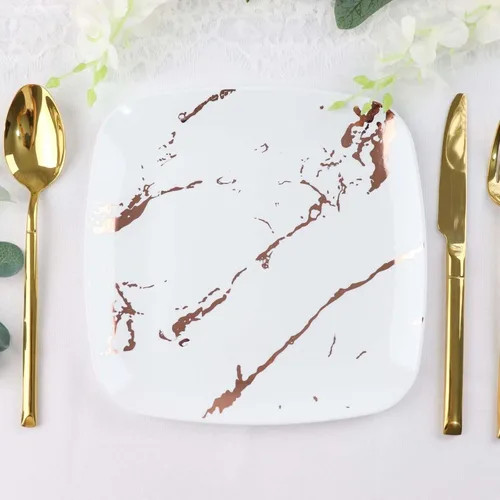Miniatura 10 de Efavormart - Paquete de 10 platos cuadrados desechables de plástico para ensalada de 8 pulgadas, diseño de mármol negro y dorado, platos de fiesta