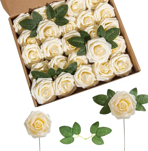 Miniatura 9 de Rosa artificial de espuma de 25 piezas de rosas falsas de aspecto real con tallos y hojas para decoración del hogar, fiestas, jardín, centros