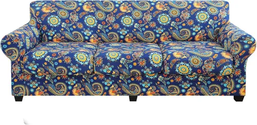 Miniatura 37 de hyha Funda para sofá, diseño floral, elástica, estampada, 4 piezas, fundas para sofá de 3 cojines separados, protector de muebles lavable para Azul