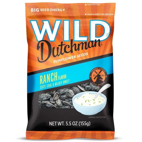 Wild Dutchman, Semillas de girasol tostadas, receta apta para la boca para aperitivos durante todo el día, rancho, 5.5 onzas (paquete de 12)