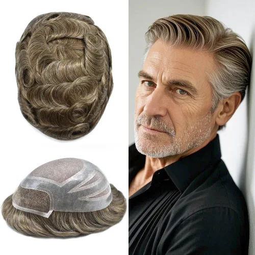 Miniatura 11 de Sistema de repuesto de piezas de cabello humano tipo tupé para hombre, transpirable, encaje francés, peluca para hombre, peluca de piel de #1B Negro