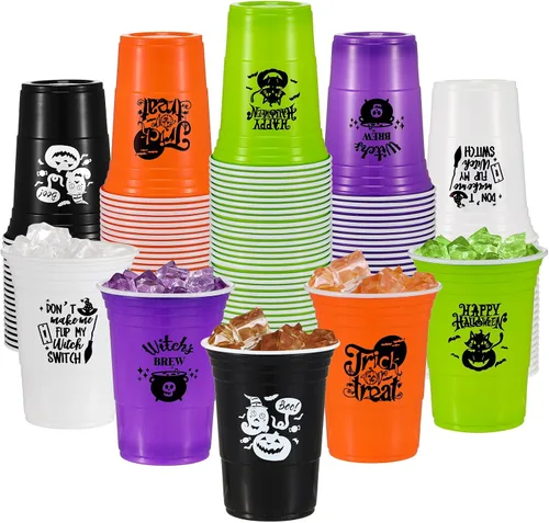 Lallisa 50 vasos de plástico de Halloween de 16 onzas desechables para fiesta de Halloween, divertidos vasos de calabaza, fantasma, calavera, gato,