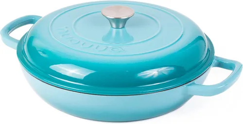 Cacerola Holandesa de Hierro Fundido con Tapa – Cacerola Holandesa Superficial Antiadherente, Apto para Horno hasta 500° F – Cacerola de Cocina Azul