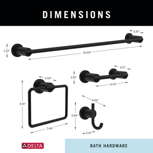 Miniatura 7 de Delta Nicoli - Juego de 4 toallas de baño negro mate de 18 pulgadas, soporte para papel higiénico, soporte para toallas de mano, gancho