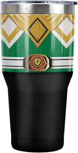 Power Rangers Green Ranger Belt - Vaso de acero inoxidable de 30 onzas, taza de viaje para café, aislamiento al vacío y doble pared con tapa RANGER