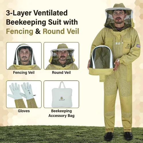 Miniatura 2 de 3-Layer Ultra Ventilated Mesh Beekeeping Suit for Men & Women with Veil Sting-Proof Bee Suit with Leather Gloves & Bag