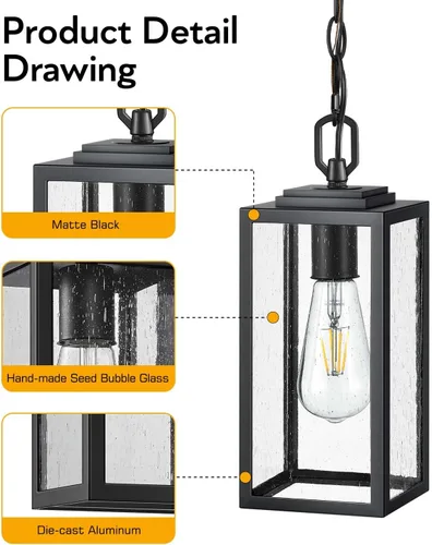 Miniatura 5 de VIANIS Luces colgantes al aire libre, lámparas colgantes exteriores para porche delantero, moderna iluminación exterior negra para patio con vidrio
