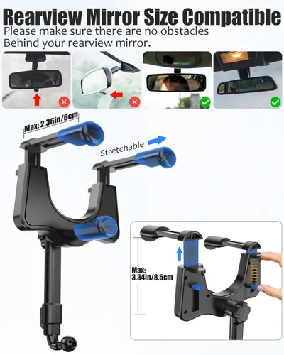 Miniatura 5 de Soporte para tablet para espejo retrovisor de automóvil, soporte retráctil para teléfono para espejo retrovisor, soporte para GPS giratorio de 360°