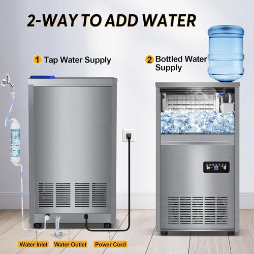 Miniatura 2 de Máquina comercial para hacer hielo con 2 opciones de entrada de agua, contenedor de almacenamiento de 40 libras, máquina de hielo integrada de 140