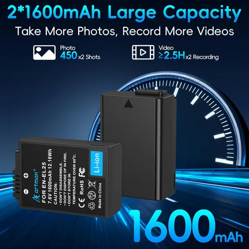 Miniatura 3 de Artman EN-EL25 EN-EL25A - Batería de 1600 mAh, paquete de 2 y cargador dual USB-C LCD compatible con Nikon Z50II, Z50, Z30, batería ZFC 4241