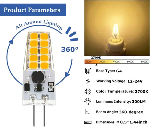 Miniatura 2 de Bombilla LED G4 regulable de 12 V, 24 V, tipo JC, equivalente a halógeno T3 G4 de 20 a 30 W, 2700 K blanco cálido, base G4 de dos pines, 300 lm