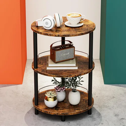 Miniatura 26 de Mesa auxiliar redonda pequeña – Mesa auxiliar ovalada de 3 niveles para espacios pequeños, mesa auxiliar de sofá de madera rústica y metal, mesita
