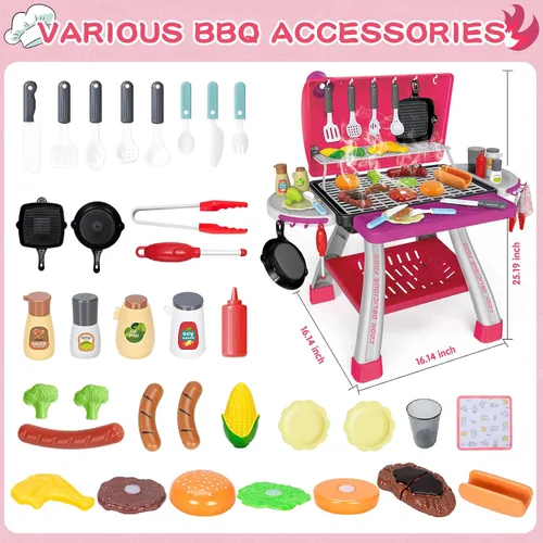 Miniatura 2 de Juguetes de Cocina para Niños, Parrilla de Barbacoa para Niños Juego de Cocina con Humo, Sonido y Luz, Juguetes de Comida Rosa Juego de Cocina