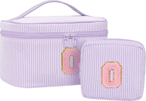 Miniatura 59 de Juego de bolsas de maquillaje con iniciales para niñas y mujeres, bolsa de cosméticos con monograma con soporte para cepillos, estuche de maquillaje