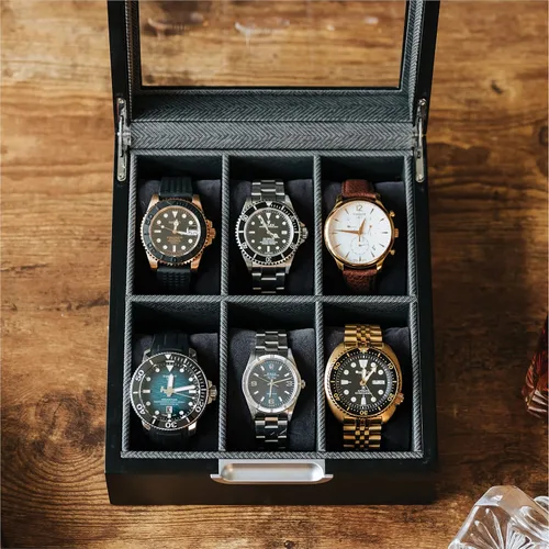 Miniatura 3 de CASE ELEGANCE Caja de reloj moderna 2x3 acabado negro con mango de aluminio personalizado 6 ranuras con vidrio real