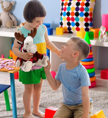 Miniatura 6 de DolliBu Disfraz de alce a cuadros rojos de felpa súper suave – Adorable peluche de alce zoológico con ropa, lindo regalo de vida silvestre, 9