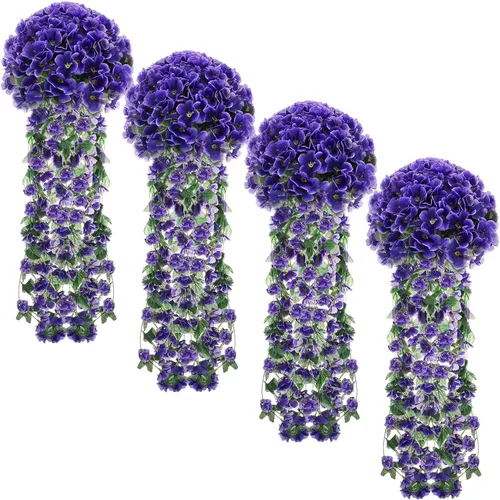 XunYee Paquete de 4 flores artificiales colgantes para exteriores, plantas colgantes falsas de 5 pétalos de seda violeta, plantas de simulación de