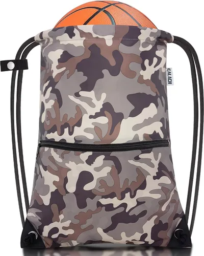 CALACH Mochila deportiva con cordón, bolsa de gimnasio para yoga, viajes, para mujeres y hombres, tamaño grande con bolsillos con cremallera, MARRÓN