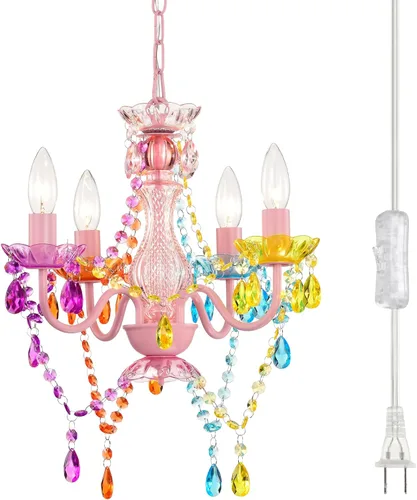 Miniatura 11 de Alighting Candelabros enchufables, lámpara de techo colgante de cristal acrílico pequeño colorido de 4 luces con cable de 20 pies, sin cableado