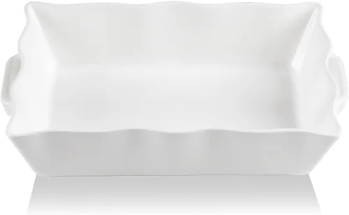 Miniatura 10 de Sweejar Cacerola para horno, fuente de cerámica para hornear de 9 x 13 pulgadas, utensilios para hornear con borde ondulado con asas, bandeja