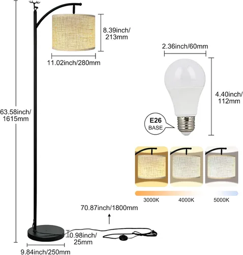 Miniatura 2 de Lámpara de pie, lámpara de pie para sala de estar con bombilla LED de 3 temperaturas de color, lámpara de pie, pantalla de lino de alta calidad